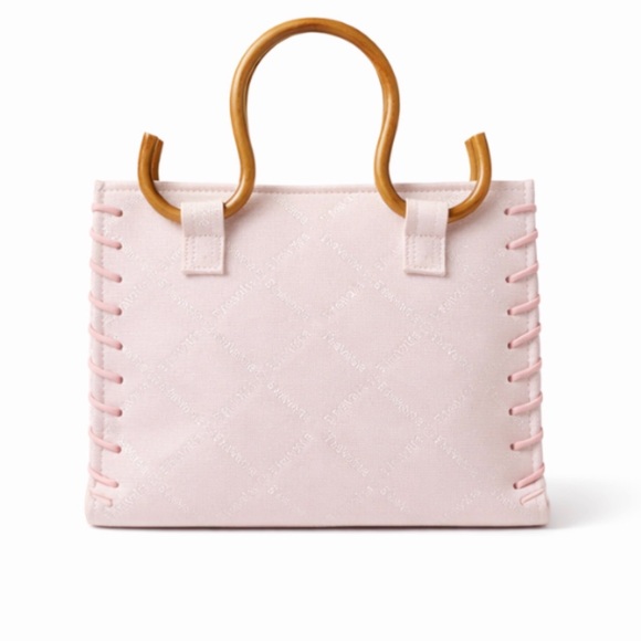 Samantha Thavasa Pink Logo Jacquard Bamboo Handle Tote Bag Whipstitch - Picture 4 of 5